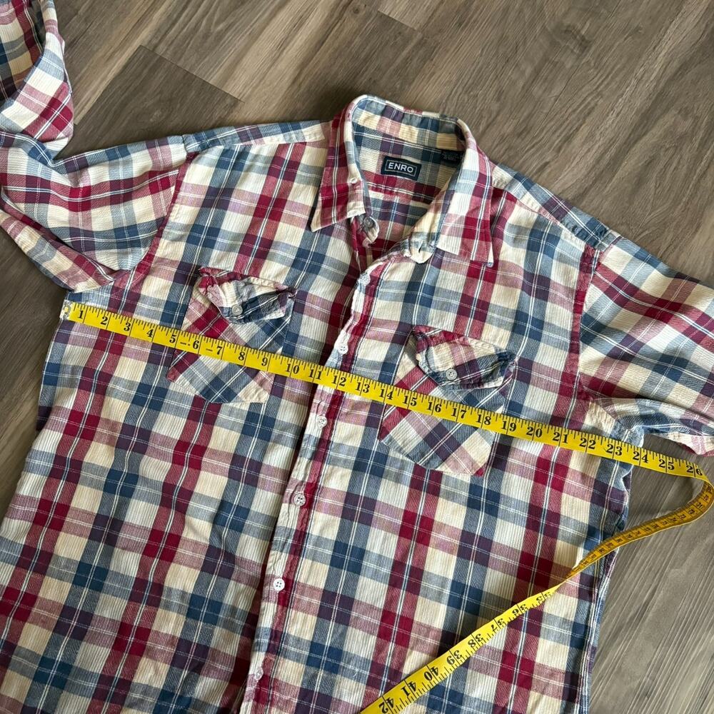 Vintage 1970s Enro Button Up Shirt Men's Size XL Plaid Striped Flannel Distress - Picture 3 of 7